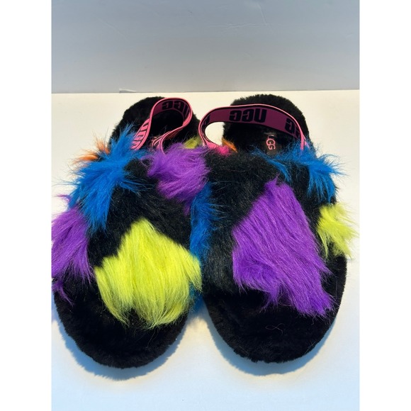 UGG Fluff Yeah Slide Slippers Rainbow Fur Black Pink Logo Womens Size 8 - Picture 3 of 8